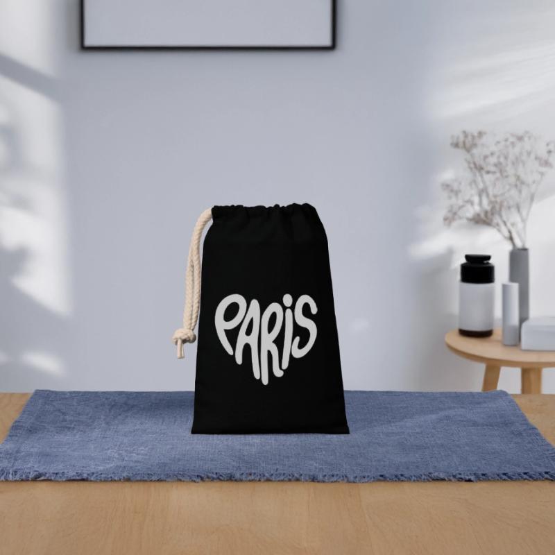 Paris Graffiti Script Logo Heart Shaped Closable cotton gift bag (14x20cm)