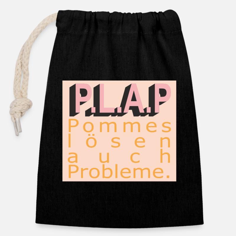PLAP Pommes Probleme Typo - Verschließbarer Geschenkbeutel aus Baumwolle (14x20cm) - Schwarz
