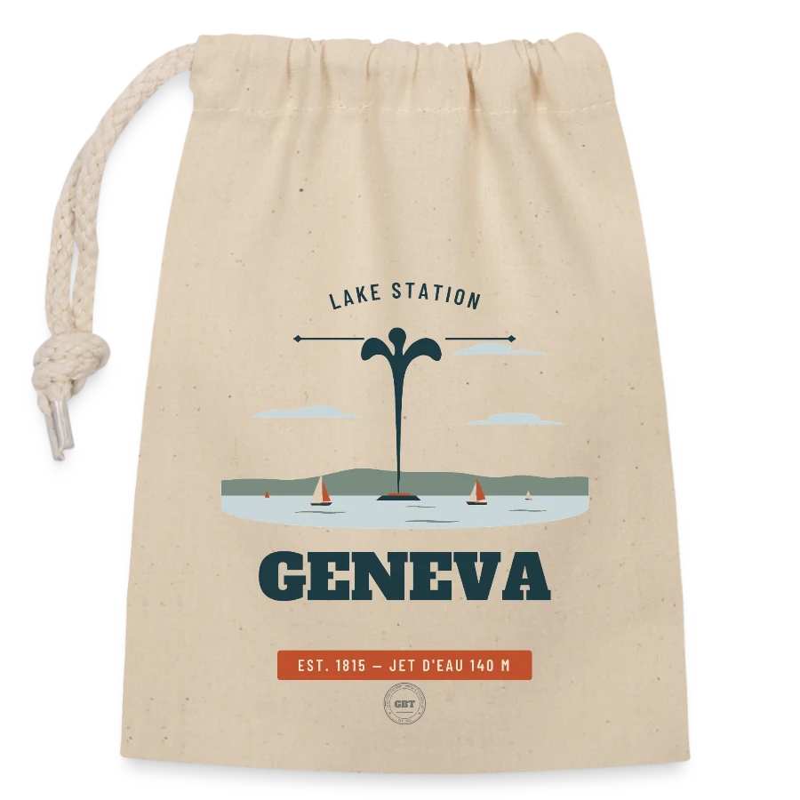 Geneva badge on a closable cotton gift bag (14x20cm), nature