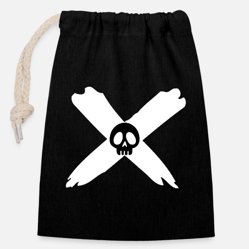 Crâne et croix blanche - Sac cadeau en coton avec cordon (14 x 20 cm) - noir