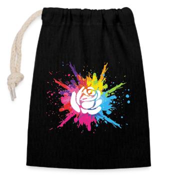 White flower and multicolored explosion - Closable cotton gift bag (14x20cm) - black - Front