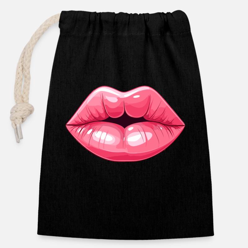 Embrasser les lèvres - Sac cadeau en coton avec cordon (14 x 20 cm) - noir