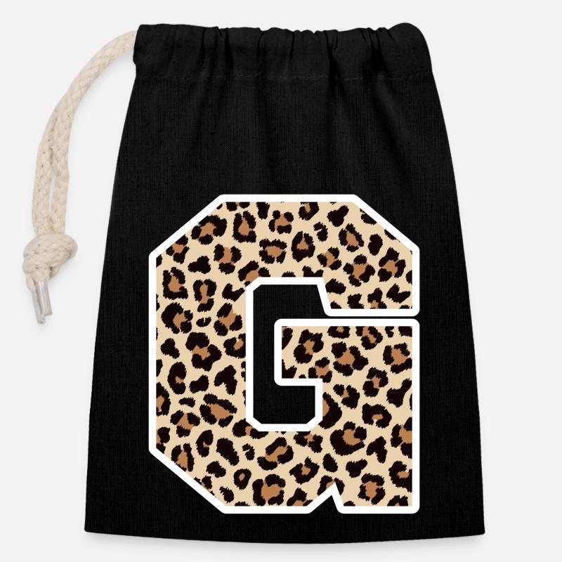 lettre G motif léopard -idée cadeau d’anniversaire - Sac cadeau en coton avec cordon (14 x 20 cm) - noir