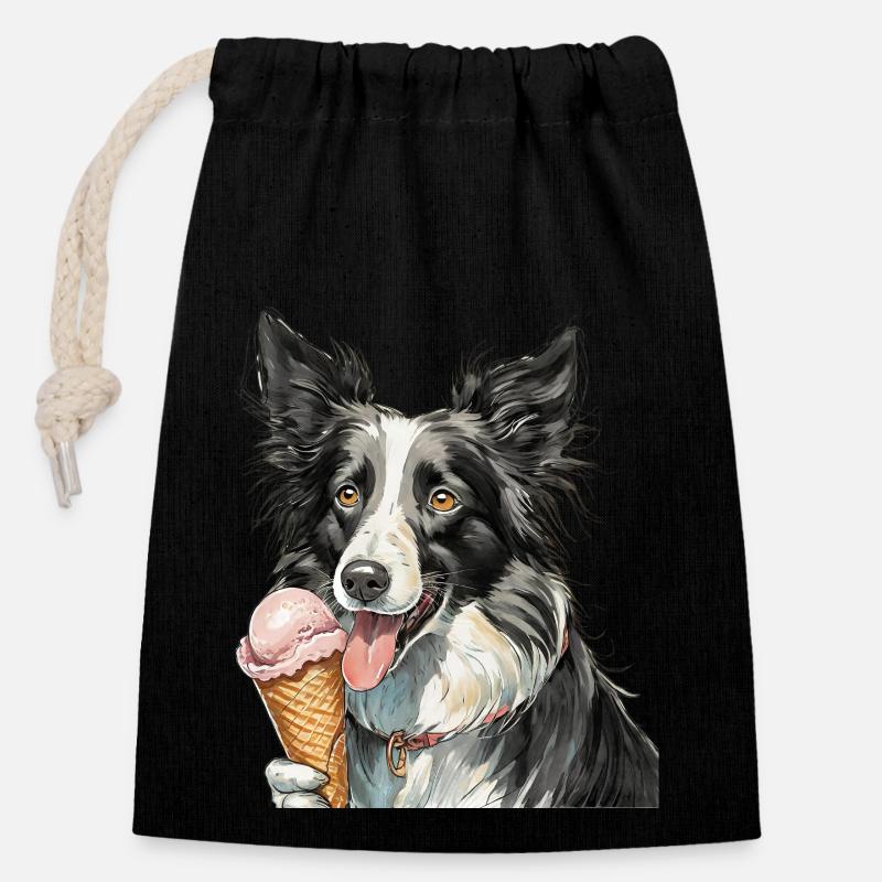 border collie glace - Sac cadeau en coton avec cordon (14 x 20 cm) - noir