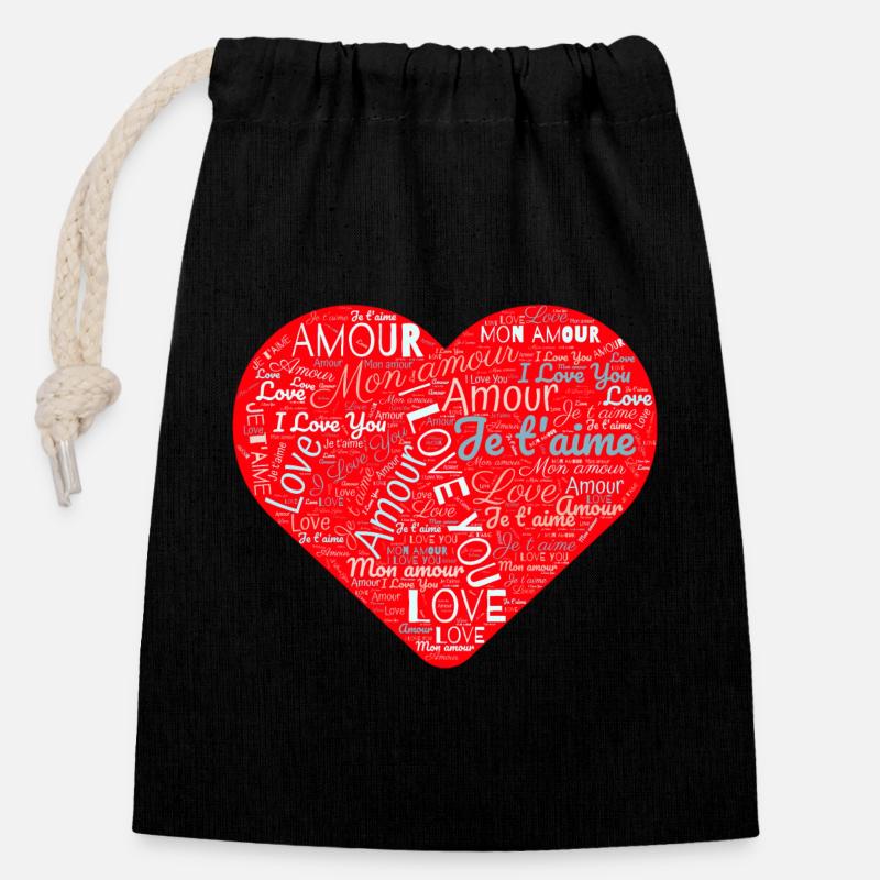 COEUR. COUPLE. JUST MARRIED. EVJF. SAINT VALENTIN. - Sac cadeau en coton avec cordon (14 x 20 cm) - noir