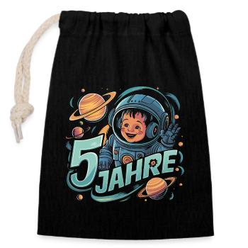 5 Jahre Kleiner Astronaut im Weltraum und Sterne - Verschließbarer Geschenkbeutel aus Baumwolle (14x20cm) - Schwarz - Vorne