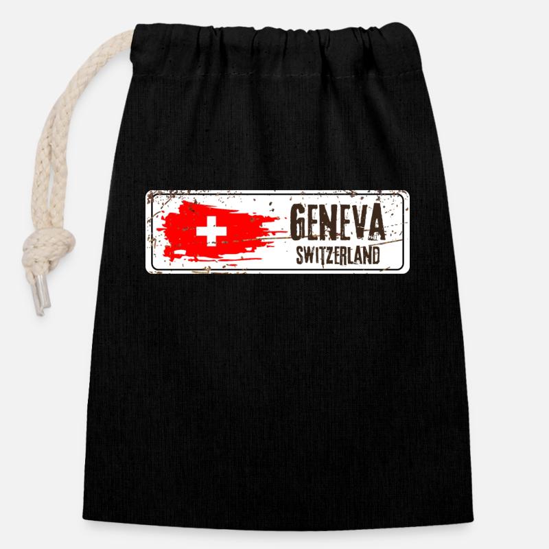 Genève Suisse Drapeau - Sac cadeau en coton avec cordon (14 x 20 cm) - noir
