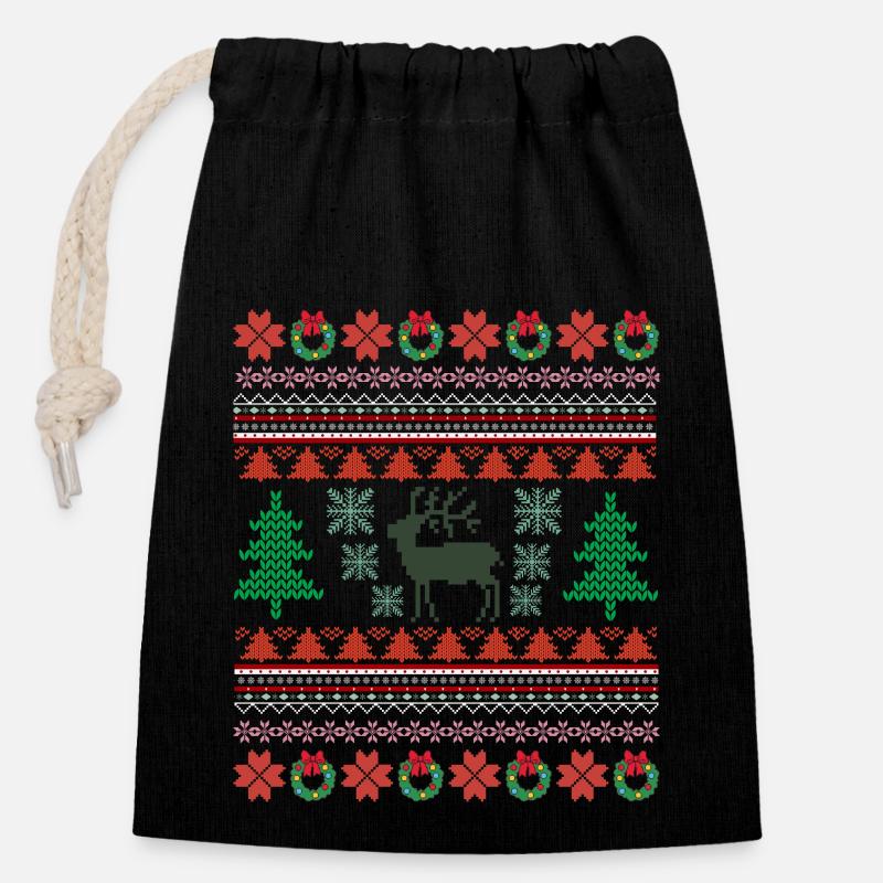 Retro Christmas Pattern 2 - Closable cotton gift bag (14x20cm) - black