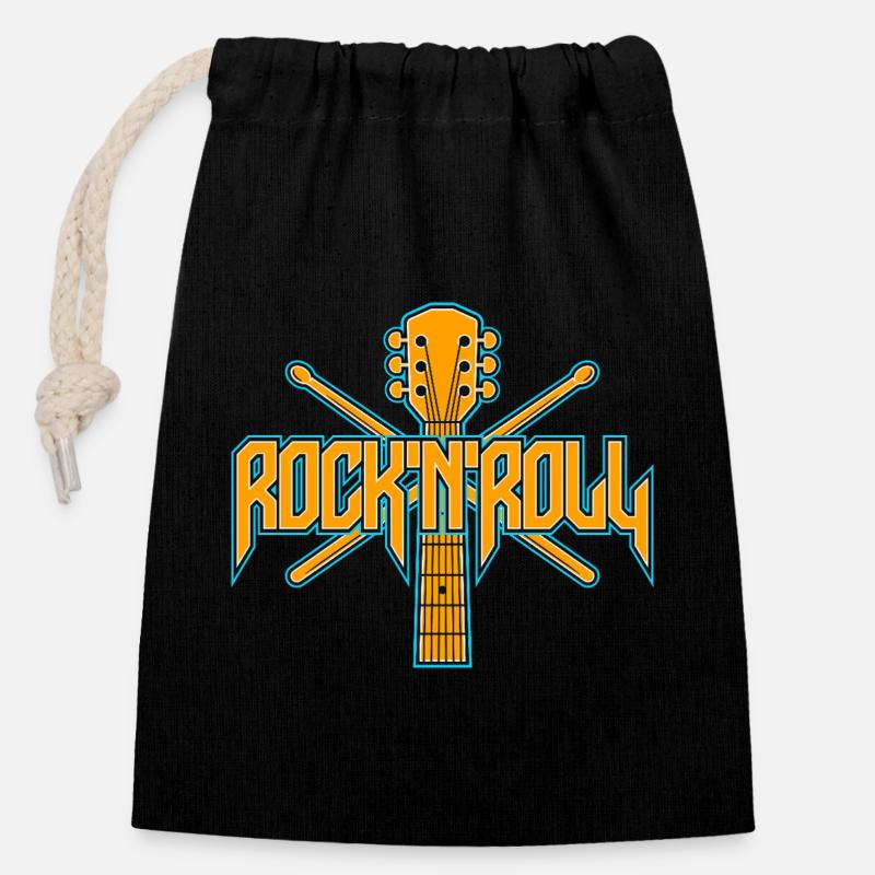 Rocknroll-Gitarre und Drumsticks-Emblem - Verschließbarer Geschenkbeutel aus Baumwolle (14x20cm) - Schwarz
