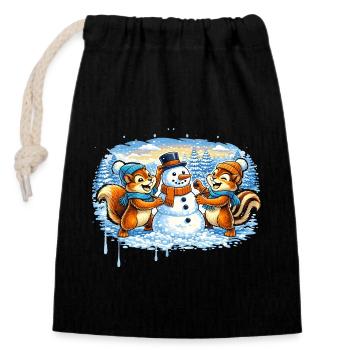 Drôle d’animaux d’hiver construisant un bonhomme de neige – Bande dessinée - Sac cadeau en coton avec cordon (14 x 20 cm) - noir - Devant