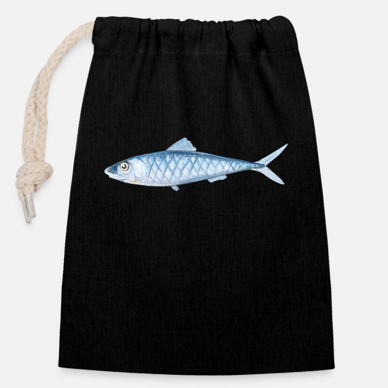 Poissons peints - Sac cadeau en coton avec cordon (14 x 20 cm) - noir