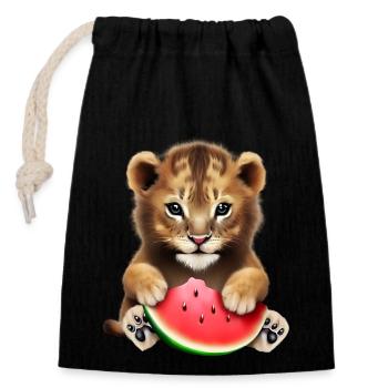 Un bébé lion mange de la pastèque - Sac cadeau en coton avec cordon (14 x 20 cm) - noir - Devant