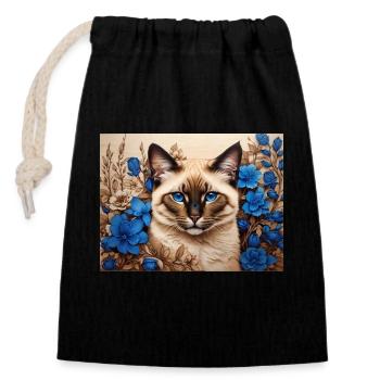 cat blue flowers - Closable cotton gift bag (14x20cm) - black - Front