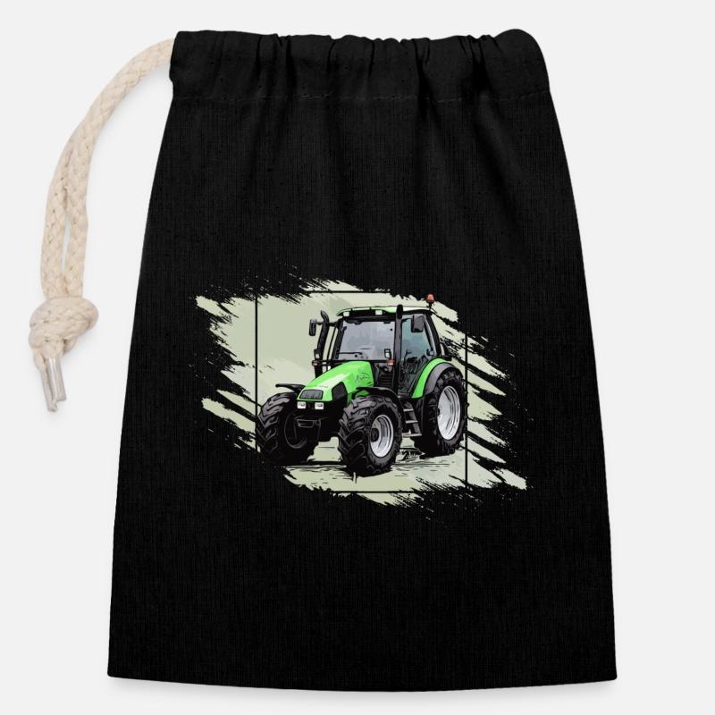 Petit tracteur vert - Sac cadeau en coton avec cordon (14 x 20 cm) - noir