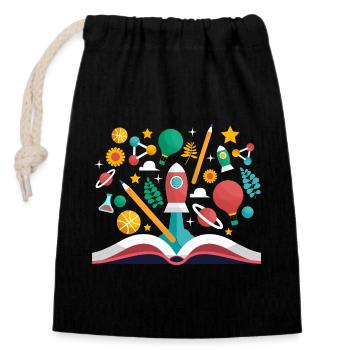 Livre ouvert avec des objets scolaires, apprendre et éduquer - Sac cadeau en coton avec cordon (14 x 20 cm) - noir - Devant