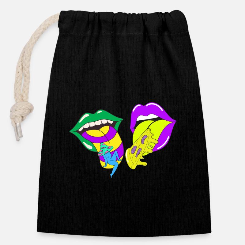 Lèvres psychédéliques avec de l’acide et des champignons - Sac cadeau en coton avec cordon (14 x 20 cm) - noir