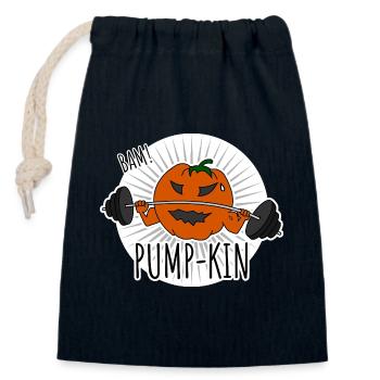 Pump-kin - Kürbis geht im Fitnessstudio trainieren - Verschließbarer Geschenkbeutel aus Baumwolle (14x20cm) - Navy - Vorne