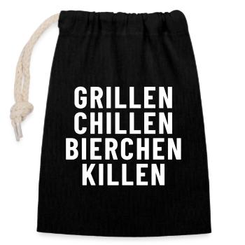 Grillen Chillen Bierchen Killen - Verschließbarer Geschenkbeutel aus Baumwolle (14x20cm) - Schwarz - Vorne