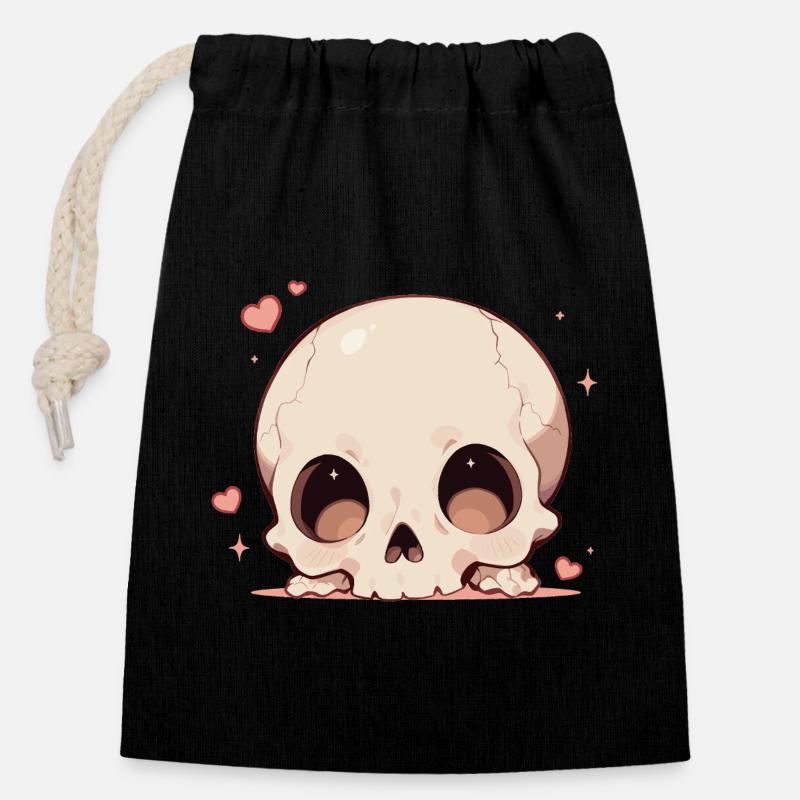 Dessin animé Crâne câlin - Sac cadeau en coton avec cordon (14 x 20 cm) - noir