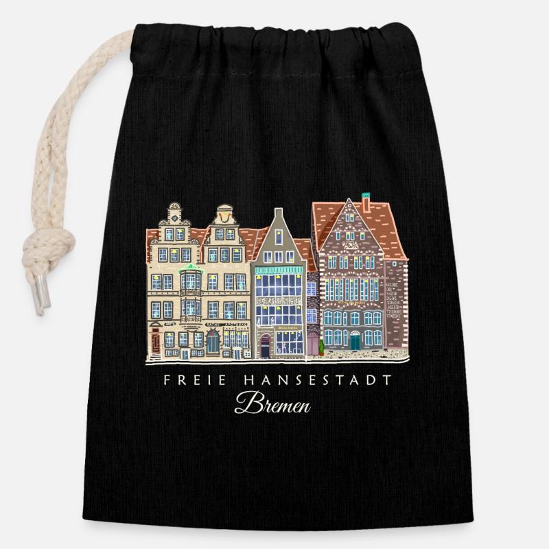 Freie Hansestadt Bremen - Häuserzeile Zeichnung - Verschließbarer Geschenkbeutel aus Baumwolle (14x20cm) - Schwarz