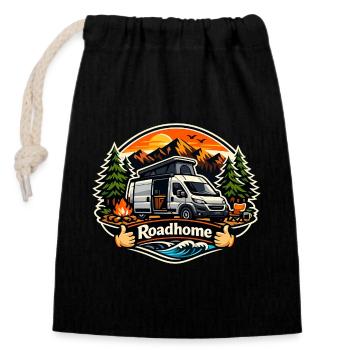 Roadhome: Vanlife am Bergsee - Verschließbarer Geschenkbeutel aus Baumwolle (14x20cm) - Schwarz - Vorne