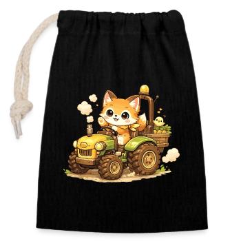 Fuchs auf dem Traktor - Verschließbarer Geschenkbeutel aus Baumwolle (14x20cm) - Schwarz - Vorne