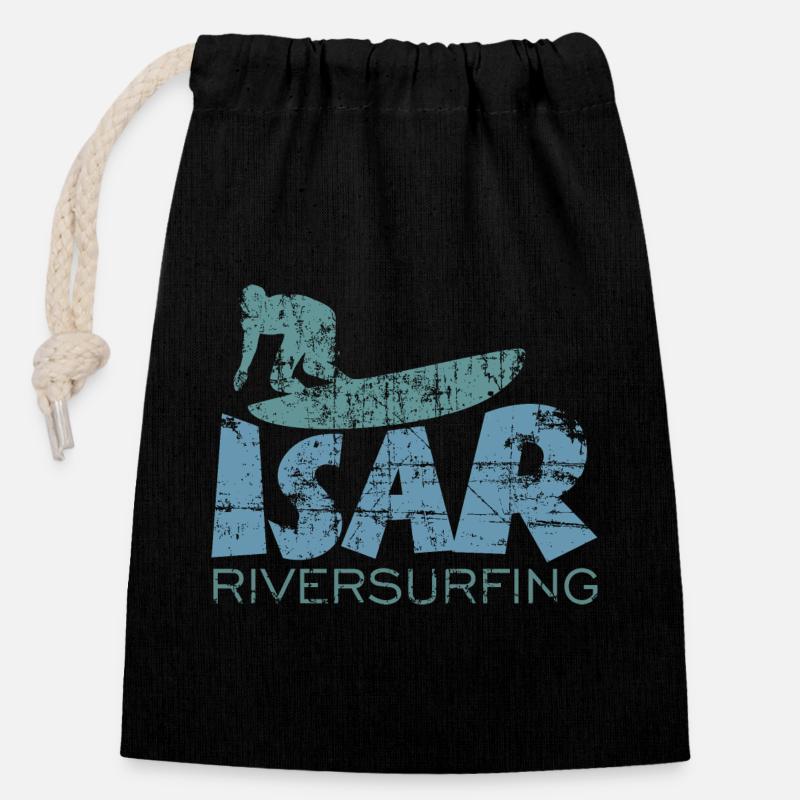 Isar Riversurfing (Vintage/BlauGrün) - Verschließbarer Geschenkbeutel aus Baumwolle (14x20cm) - Schwarz