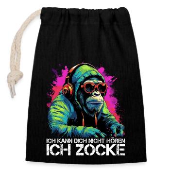 Ich kann dich nicht hören ich zocke Gaming Affe - Verschließbarer Geschenkbeutel aus Baumwolle (14x20cm) - Schwarz - Vorne