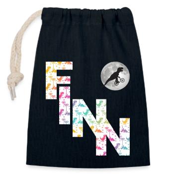 FINN - Schöner Jungen Name mit Dinosaurier - Verschließbarer Geschenkbeutel aus Baumwolle (14x20cm) - Navy - Vorne