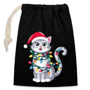 Christmas cat with fairy lights and Christmas - Closable cotton gift bag (14x20cm) - black - Front