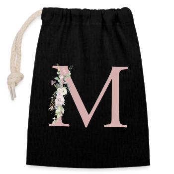 M Monogram, Floral, Personnalisable - Sac cadeau en coton avec cordon (14 x 20 cm) - noir - Devant
