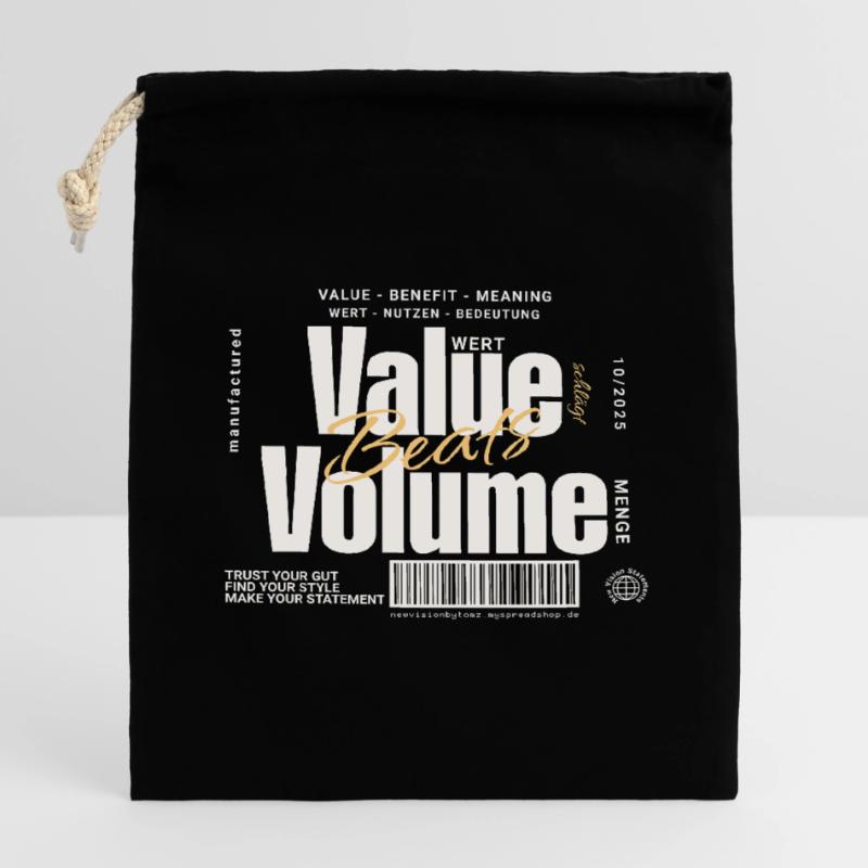 Value Beats Volume – Statement Design (Dark) Closable cotton gift bag (14x20cm)