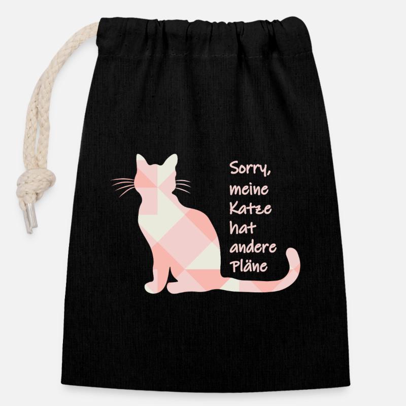 Katzenspruch - Sorry, meine Katze hat andere Pläne - Verschließbarer Geschenkbeutel aus Baumwolle (14x20cm) - Schwarz