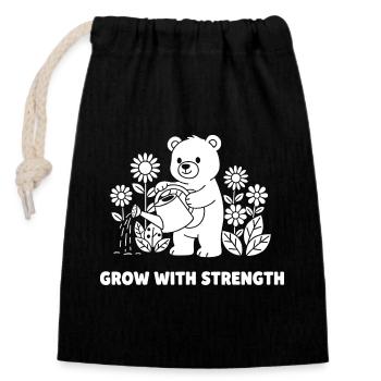 Bear watering flowers – strength growing - Closable cotton gift bag (14x20cm) - black - Front