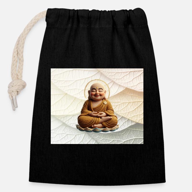 Buddha auf Blattmuster - Verschließbarer Geschenkbeutel aus Baumwolle (14x20cm) - Schwarz