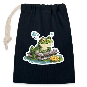 Frog Reading Pond Librarian Humor Reading - Closable cotton gift bag (14x20cm) - navy - Front