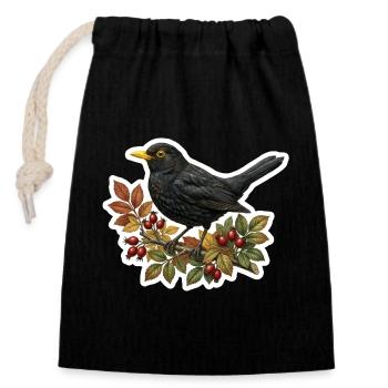 Heimische Amsel auf Hagebuttenzweig - Verschließbarer Geschenkbeutel aus Baumwolle (14x20cm) - Schwarz - Vorne