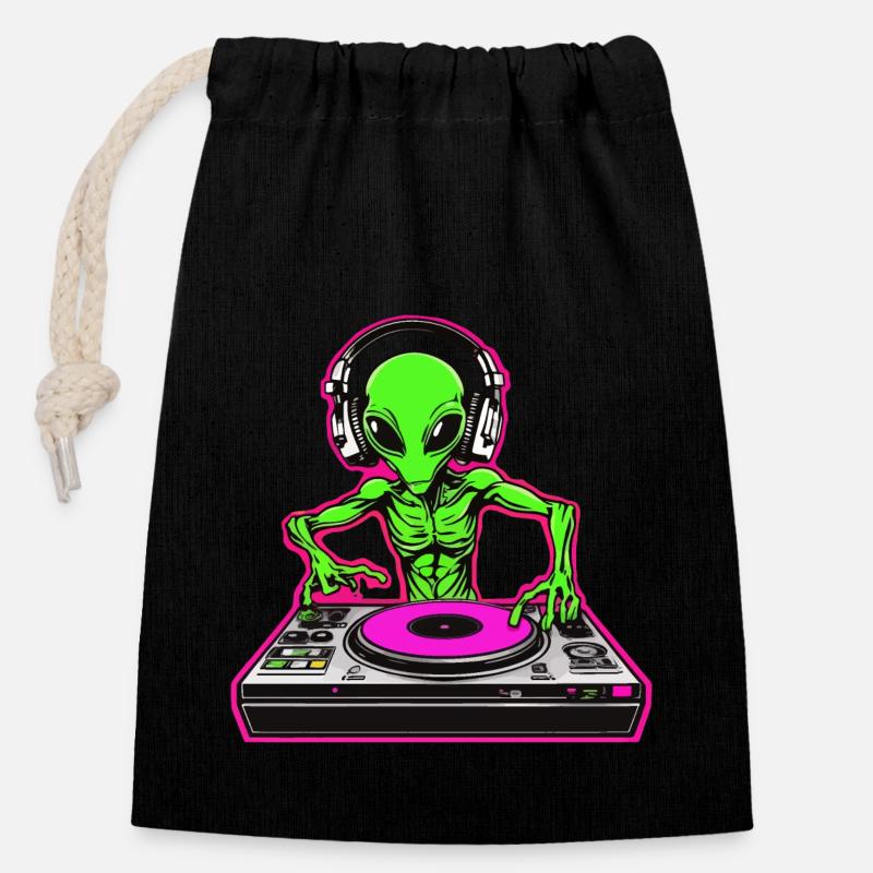 Incredibly cool: Neon Alien DJ for your party - Closable cotton gift bag (14x20cm) - black