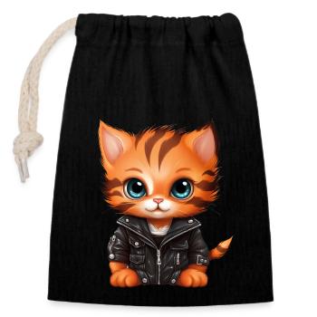Baby cat in leather jacket - Closable cotton gift bag (14x20cm) - black - Front