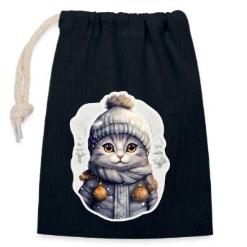 Chat avec chapeau, écharpe et veste d’hiver - Sac cadeau en coton avec cordon (14 x 20 cm) - bleu marine - Devant