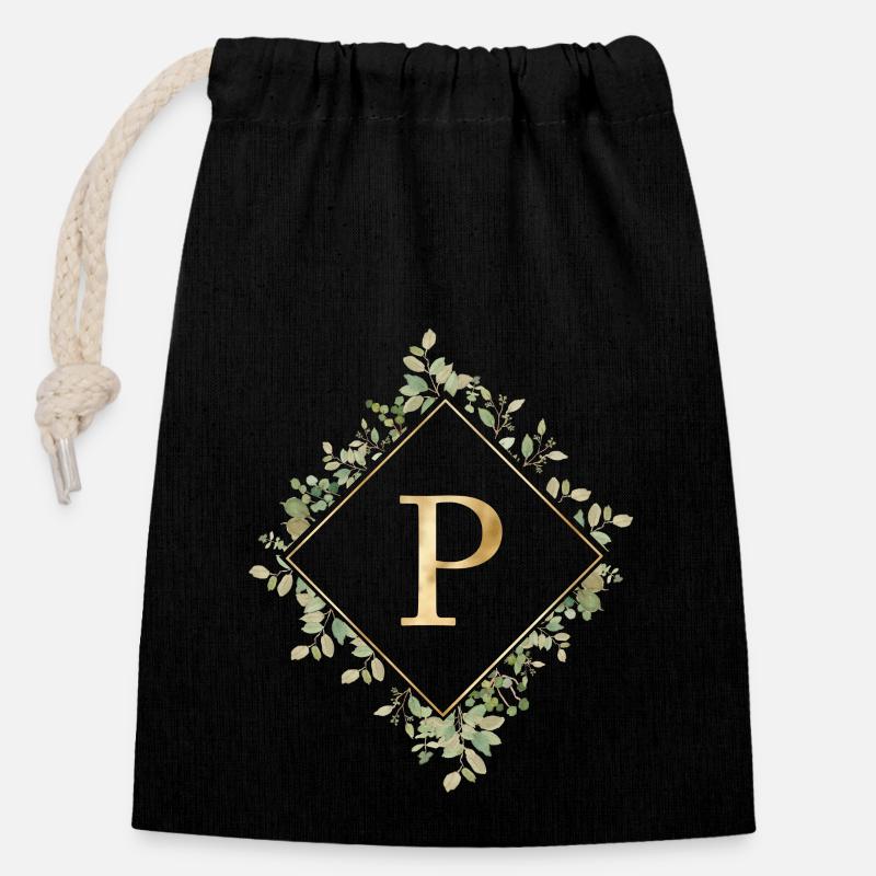 P Monogram Eucalyptus Wreath - Closable cotton gift bag (14x20cm) - black