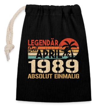 Born in April 1989 Funny Birthday Retro - Closable cotton gift bag (14x20cm) - black - Front