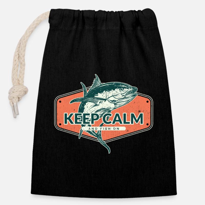 Reste calme et continue de pêcher - Sac cadeau en coton avec cordon (14 x 20 cm) - noir