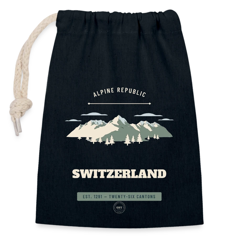 Switzerland badge on a closable cotton gift bag (14x20cm), navy