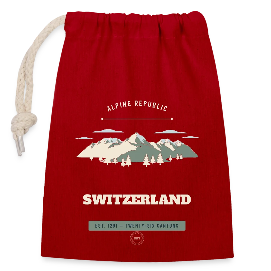Switzerland badge on a closable cotton gift bag (14x20cm), red