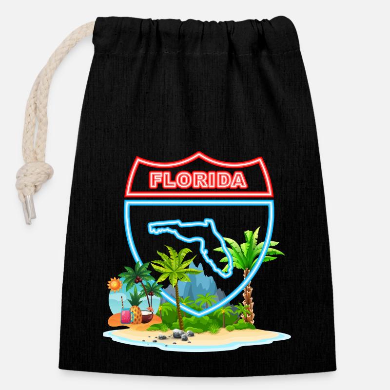 Floride, États-Unis - Sac cadeau en coton avec cordon (14 x 20 cm) - noir