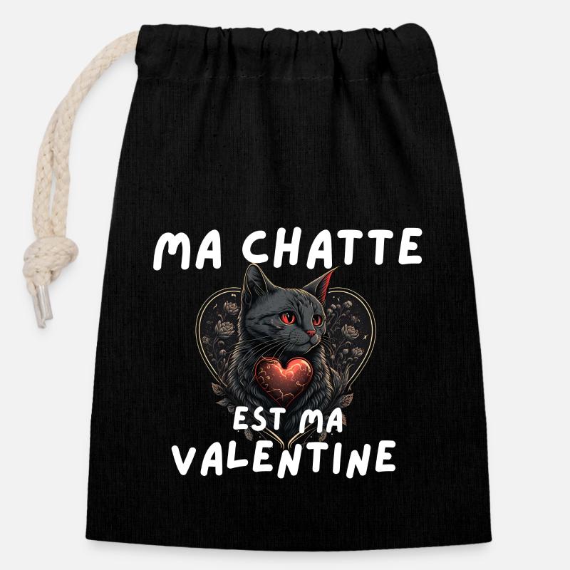 Chatte Valentine - Sac cadeau en coton avec cordon (14 x 20 cm) - noir