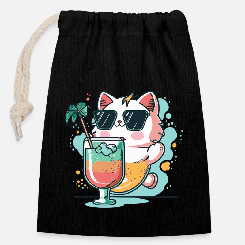 Sommer-Coolness: Katze mit Sonnenbrille - Verschließbarer Geschenkbeutel aus Baumwolle (14x20cm) - Schwarz
