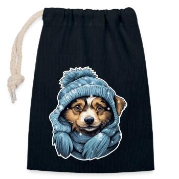 Chien d’hiver avec chapeau et écharpe - Sac cadeau en coton avec cordon (14 x 20 cm) - bleu marine - Devant