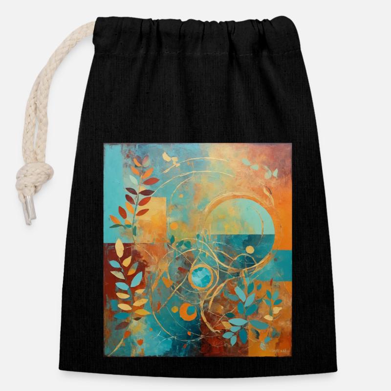 Composition abstraite avec des feuilles et des cercles - Sac cadeau en coton avec cordon (14 x 20 cm) - noir